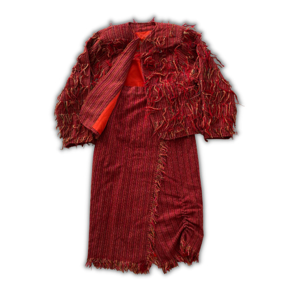 Vintage Crystal Handwoven Women's 2pc Skirt Blazer Set Red Multi Yarn Fringe - Picture 2 of 9